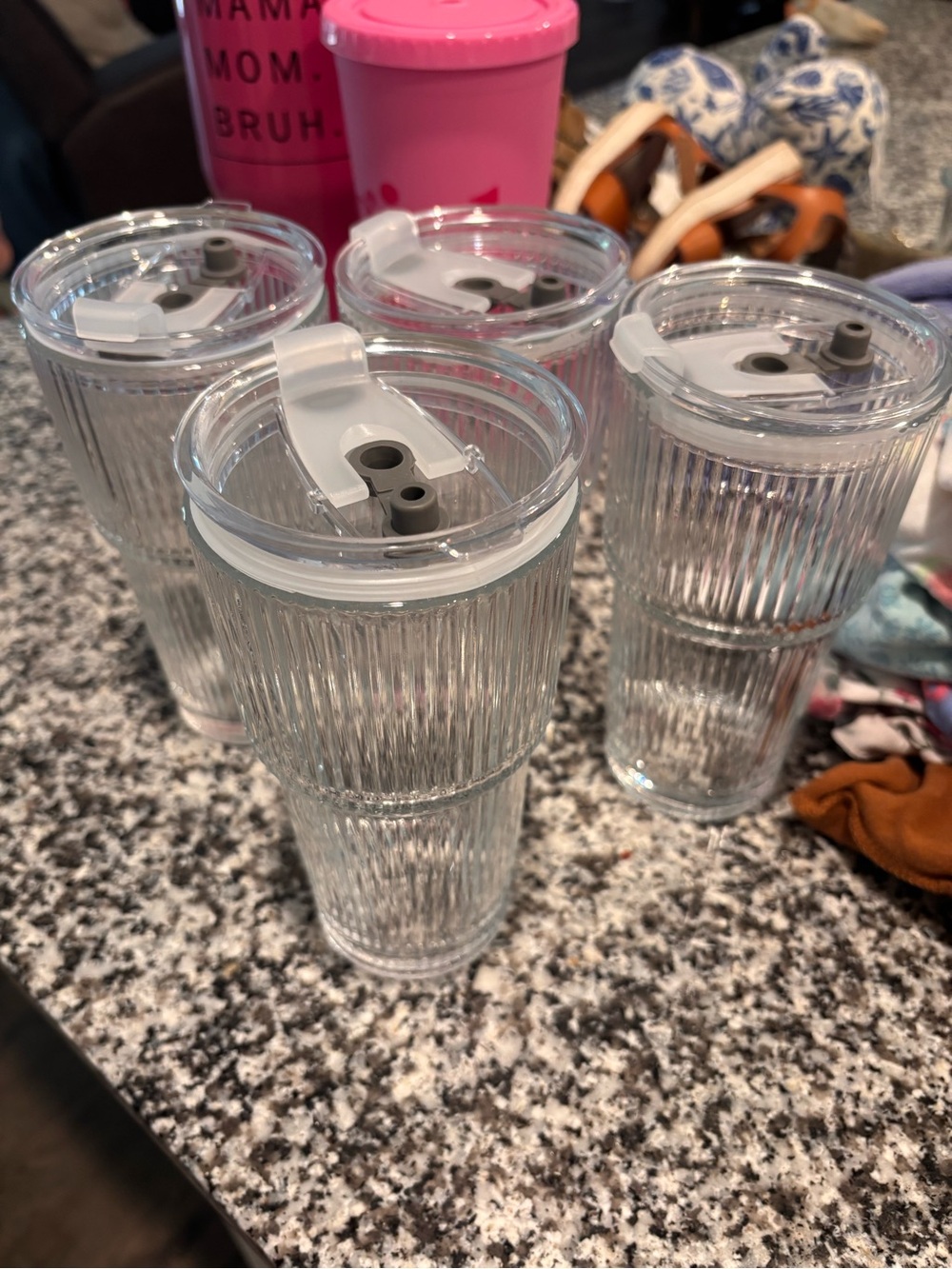 Set of 4 Clear Ribbed Travel Tumblers with Spill-Resistant Lids